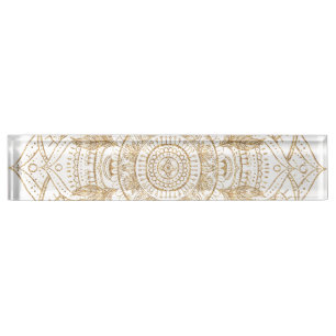 Porte-nom Pour Bureau Elégant Mandala Blanc & Or Dessiné À La Main