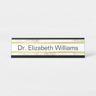 Porte-nom Pour Bureau Elégant Marbre blanc Faux et Modèle de texte Gold