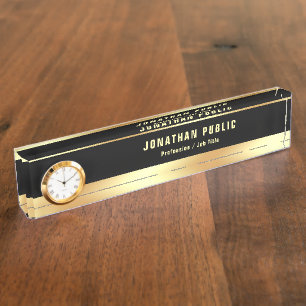 Porte-nom Pour Bureau Élégant Modèle Moderne Noir Et Or Avec Horloge