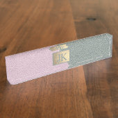 Porte-nom Pour Bureau Élégant Monogramme en cuir rose vert (Taille)