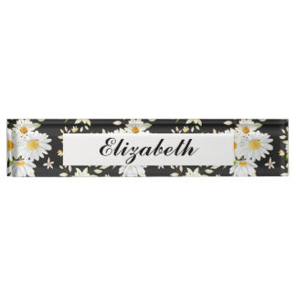 Porte-nom Pour Bureau Élégant Monogramme noir et blanc Motif de margueri