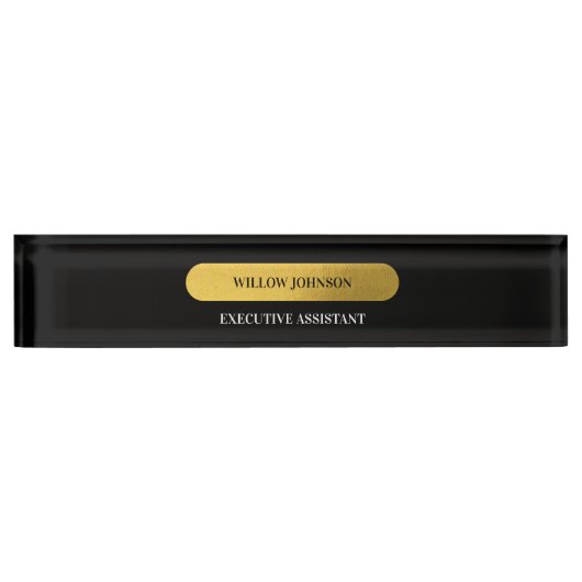 Porte-nom Pour Bureau Élégant Monogramme noir & or Script moderne (Devant)