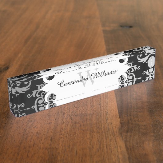 Porte-nom Pour Bureau Élégant motif monogramme damassé (Taille)