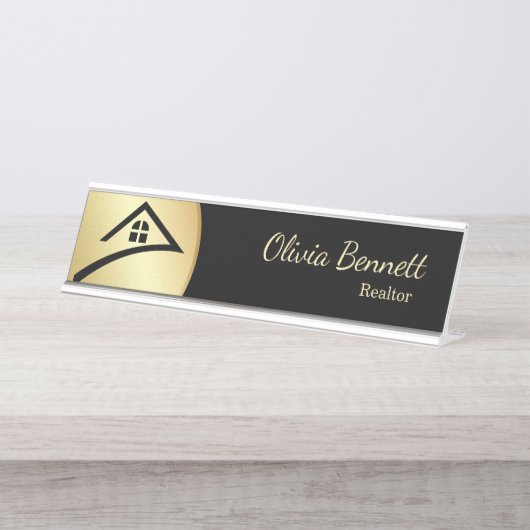 Porte-nom Pour Bureau Élégant Noir & Or (Devant)