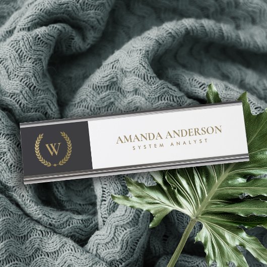 PORTE-NOM POUR BUREAU ÉLÉGANT OR FLORAL LAUREL WREATING MONOGRAM INITIAL