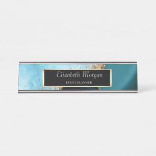 Porte-nom Pour Bureau Élégant paillettes dorées Marbre Turquoise, Cadre