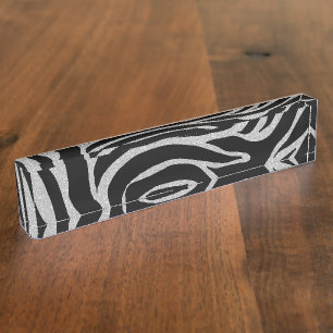 Porte-nom Pour Bureau Elégant Parties scintillant noire Silver Zebra Pos