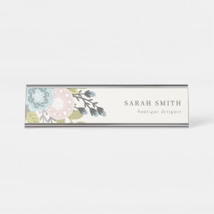 Porte-nom Pour Bureau Élégant Pastel Boho Blush Blue Green Leafy Flora