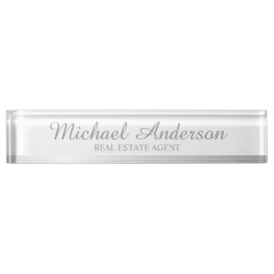 Porte-nom Pour Bureau Élégant professionnel blanc et argent