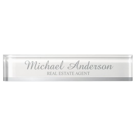 Porte-nom Pour Bureau Élégant professionnel blanc et argent (Devant)