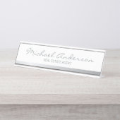 Porte-nom Pour Bureau Élégant professionnel blanc et argent (Devant)