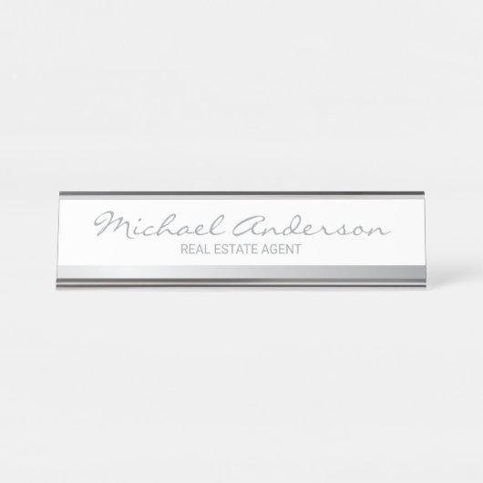 Porte-nom Pour Bureau Élégant professionnel blanc et argent (Devant)