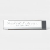Porte-nom Pour Bureau Élégant professionnel blanc et argent (Devant)