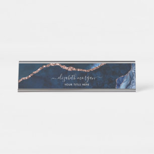 Porte-nom Pour Bureau Elégant professionnel Marine Blue Rose Gold Agate