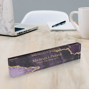 Porte-nom Pour Bureau Élégant Purple et Gold Agate Geode Professionnel