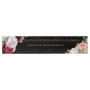 Porte-nom Pour Bureau Élégant Rose Floral rose Bourgogne Noir