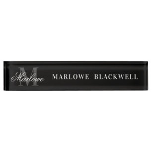 Porte-nom Pour Bureau Élégant script de monogramme gris noir