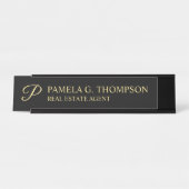 Porte-nom Pour Bureau Élégant Script Monogramme Noir et Or (Devant)