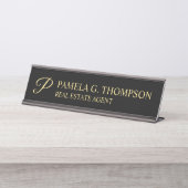 Porte-nom Pour Bureau Élégant Script Monogramme Noir et Or (Devant)