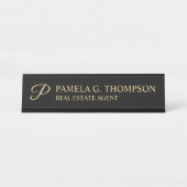 Porte-nom Pour Bureau Élégant Script Monogramme Noir et Or (Devant)