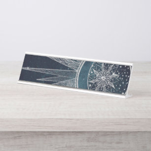 Porte-nom Pour Bureau Elégant Silver Sun Moon Doodle Mandala Blue Design