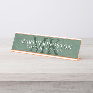 Porte-nom Pour Bureau Elegant Stone Texture Dark Green Monogram Name