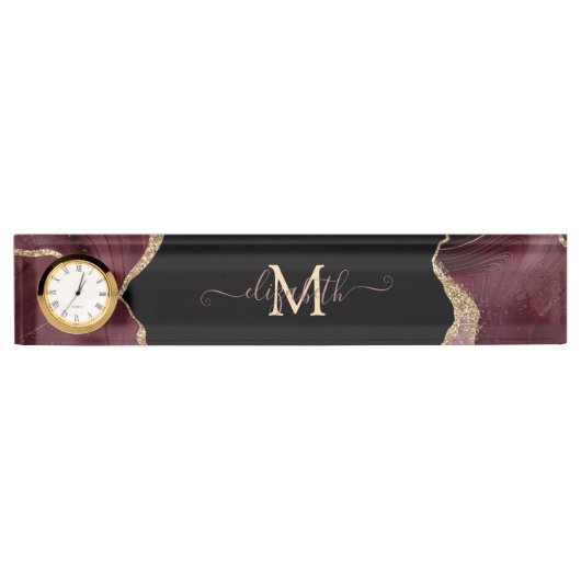 Porte-nom Pour Bureau Elegant Stylish Gold Glitter Burgundy Agate (Devant)
