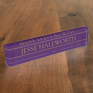 Porte-nom Pour Bureau Élégant texte personnalisable   Gold & Deep Purple