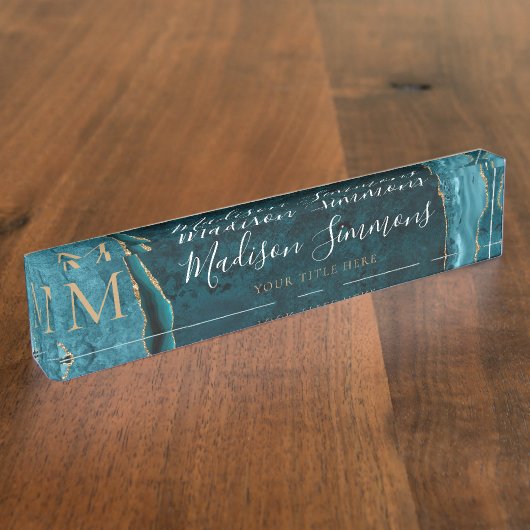 Porte-nom Pour Bureau Élégant Turquoise Vert Or Agate Géode Monogramme (Taille)
