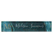 Porte-nom Pour Bureau Élégant Turquoise Vert Or Agate Géode Monogramme (Devant)