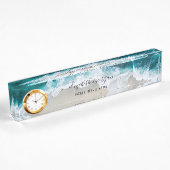 Porte-nom Pour Bureau Elégante Aqua Blue Green Script Nom Horloge