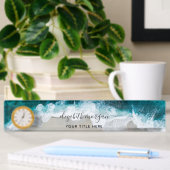 Porte-nom Pour Bureau Elégante Aqua Blue Green Script Nom Horloge