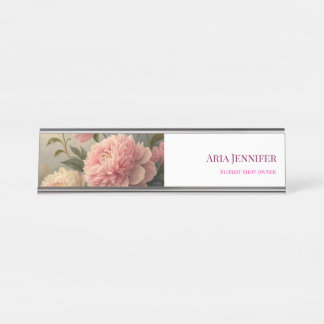 Porte-nom Pour Bureau Élégante Enseigne de Fleuriste avec Pivoine Rose P