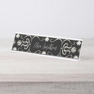 Porte-nom Pour Bureau Élégante Feminine Vintage Chic Black Silver