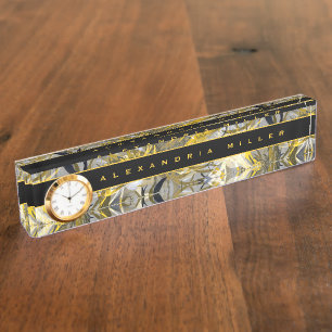 Porte-nom Pour Bureau Élégante florale Abstraite noire et jaune Horlo