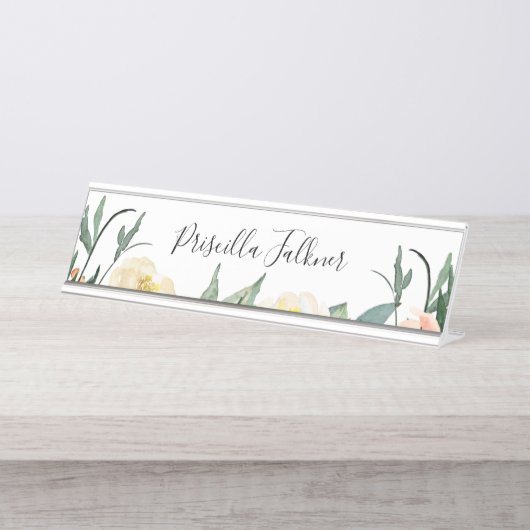 Porte-nom Pour Bureau Élégante Pêche Florale Script moderne (Devant)