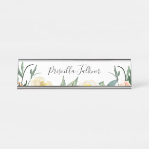 Porte-nom Pour Bureau Élégante Pêche Florale Script moderne
