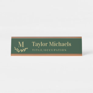 Porte-nom Pour Bureau Élégante verdure beige vert foncé monogramme & nom