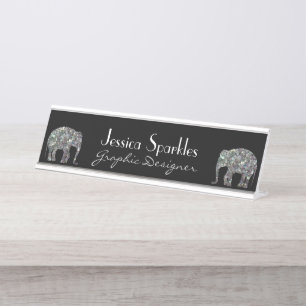 Porte-nom Pour Bureau Éléphant pailleté en mosaïque argentée scintillant