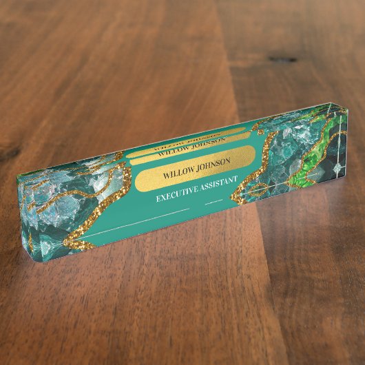 Porte-nom Pour Bureau Emerald Green & Gold Agate Parties scintillant (Taille)