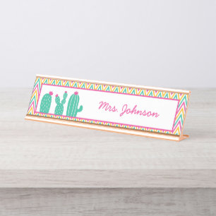 Porte-nom Pour Bureau Enseignant de Cactus Motif de Chevron Rose
