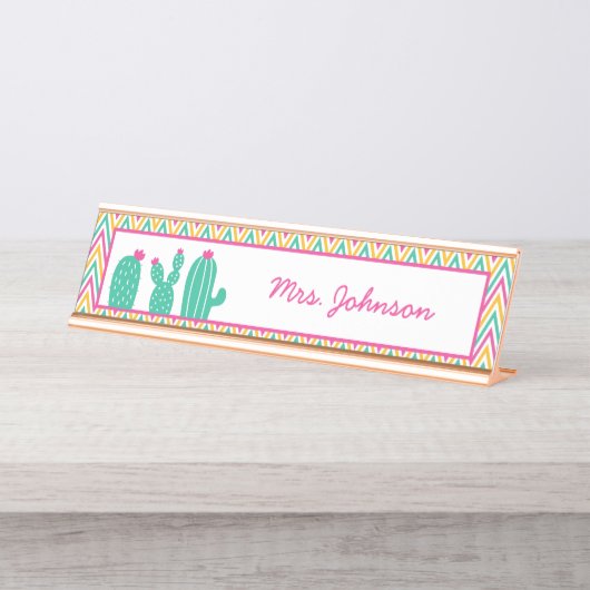 Porte-nom Pour Bureau Enseignant de Cactus Motif de Chevron Rose (Devant)