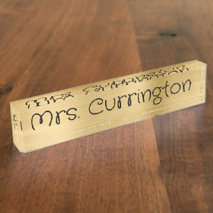 Porte-nom Pour Bureau Enseignant de script monoline en feuille d'or lége