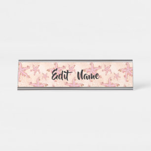 Porte-nom Pour Bureau Étoiles de mer et motif pastel rose corail