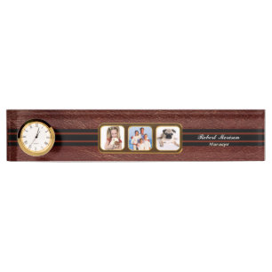 Porte-nom Pour Bureau Faux Brown Cuir Triple Photo
