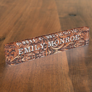 Porte-nom Pour Bureau Faux grain de bois sculpté