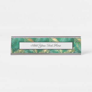 Porte-nom Pour Bureau Feuille de palmier verte émeraude Jungle dorée bri