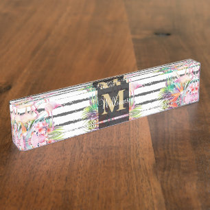 Porte-nom Pour Bureau feuilles floraux tropicaux et rayures de flamants 