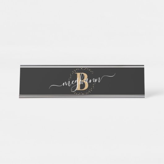 Porte-nom Pour Bureau Fille Elegant Noir Nom Monogramme Script (Devant)