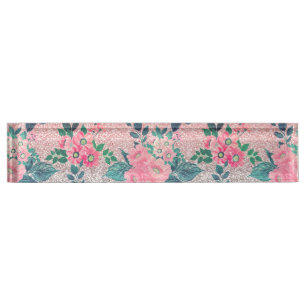 Porte-nom Pour Bureau Fille florale et couleur argent rose Ombre Parties